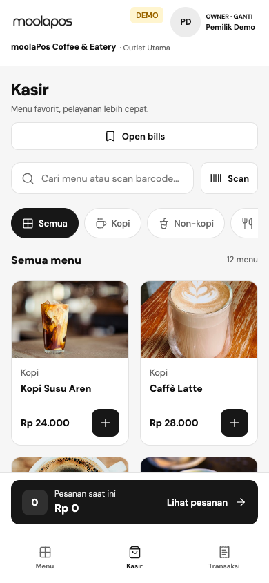 Tampilan kasir moolaPos di perangkat mobile